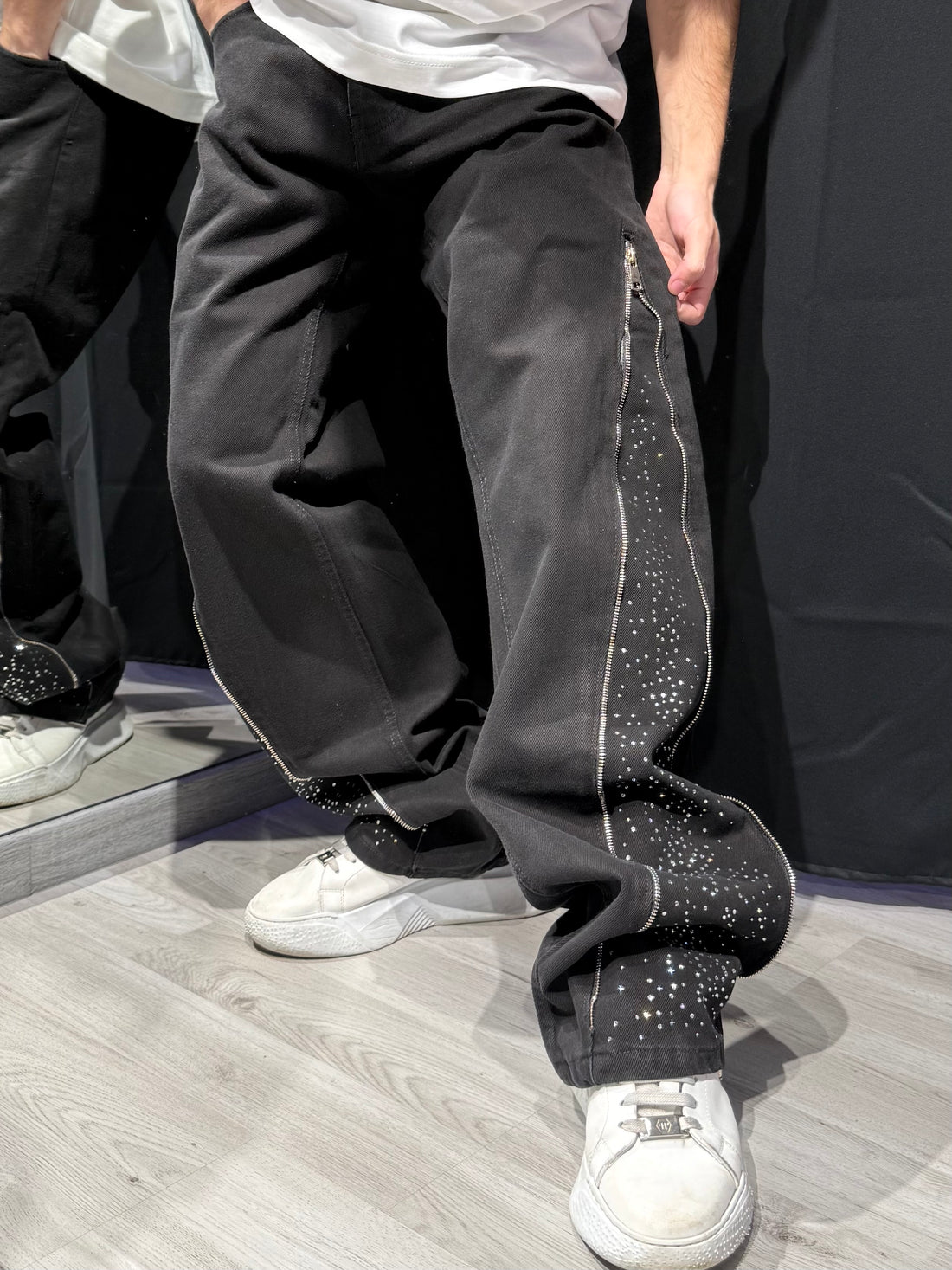 Jeans Baggy Zip Brillantinato